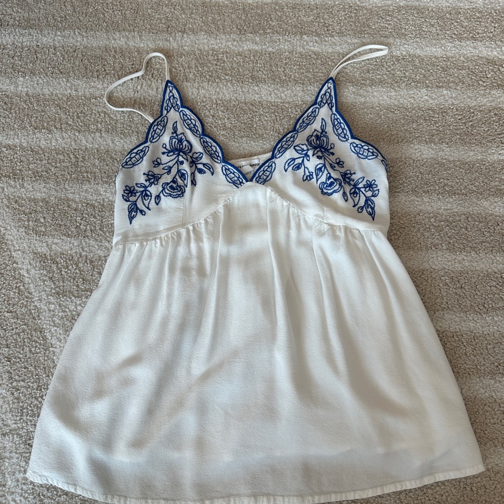 Vintage babydoll blouse White and Blue Embroidered Women's Top